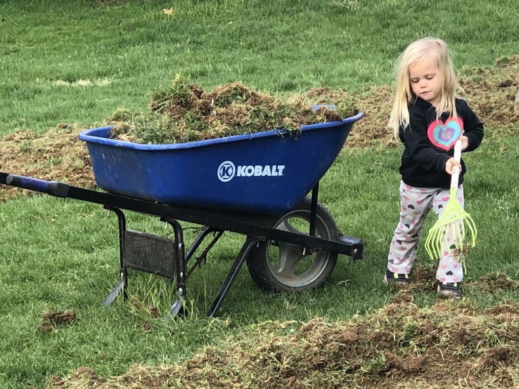girl with a rake standing by a wheel barrow