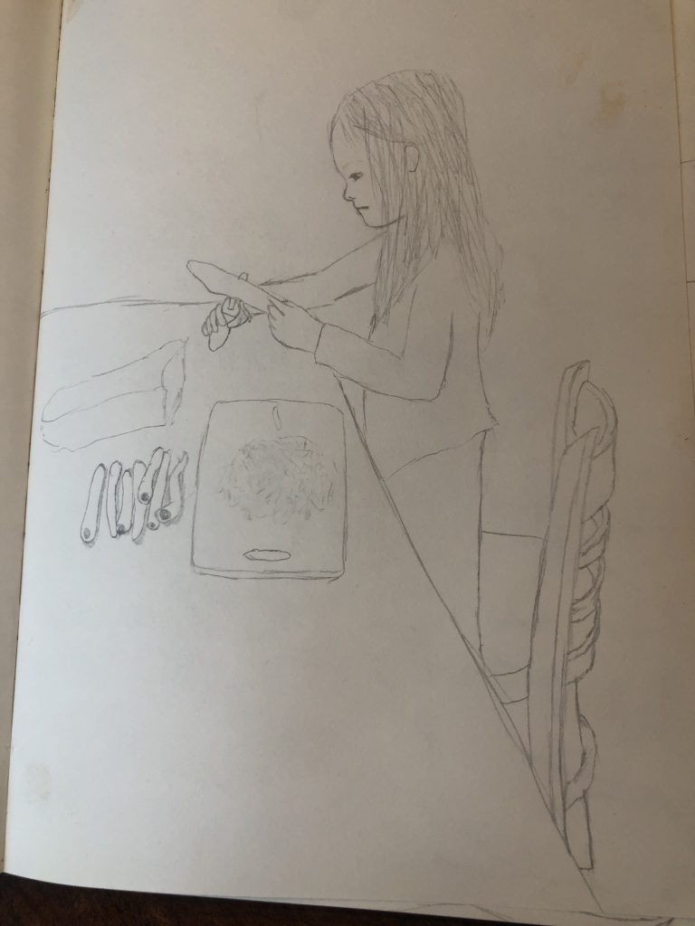 life skills: sketch. of a girl peeling a carrot